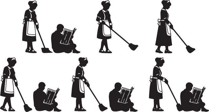 Black Solid Domestic Robot Sweeping Cleaning Silhouettes Set of Six on White Background