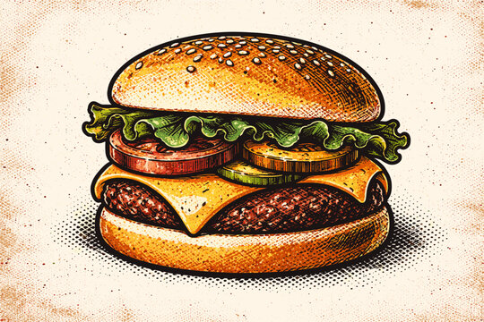 Vintage Retro Halftone Illustration of a Delicious Cheeseburger with Sesame Bun, Lettuce, Tomato, Pickles, and Melted Cheese, Isolated Fast Food Vector Element with Grunge Dotted Texture.