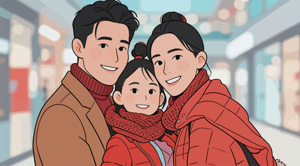 Obraz premium Happy Family in Warm Winter Outfits Shopping
