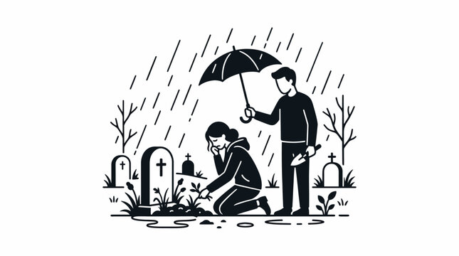 Mourning at a Gravesite in the Rain
