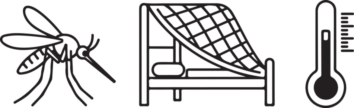Mosquito bed net and thermometer icons representing malaria prevention Isolated on white background