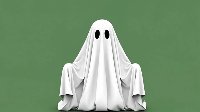 Eerie floating ghost figure in white sheet with hollow eyes against vibrant green screen for