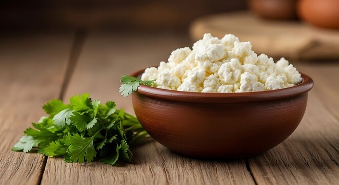 Fresh curd cheese sits in a rustic clay bowl garnished with vibrant green cilantro on a weathered wooden surface.