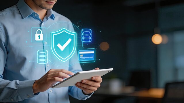 Businessman holding tablet with holographic cybersecurity icons data protection concept digital shield privacy secure network cloud storage modern office background technology