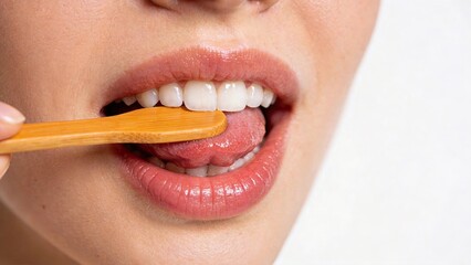 Naklejka premium Closeup of a woman using a wooden tongue scraper for oral hygiene focusing on clean white teeth and fresh breath dental health concept natural bamboo tool daily mouth care routine