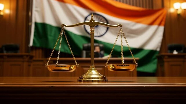 Golden justice scales in Indian courtroom with national flag background symbolizing law and fairness