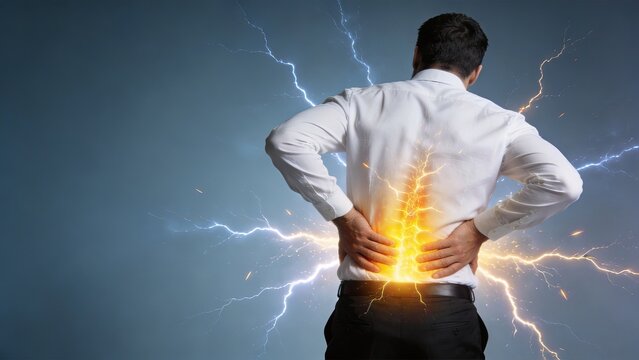 Man in business attire holding his lower back in pain with visualized electric shock and lightning effects illustrating severe acute lumbar spine discomfort and sciatic nerve