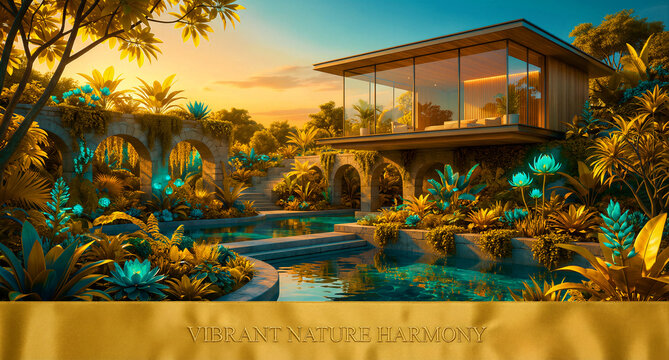 A luxurious modern architectural residence with expansive glass walls, gracefully integrated into an exquisite, glowing tropical garden featuring a serene turquoise swimming pool, beautifully