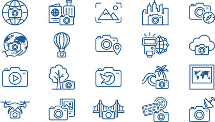 Fototapeta premium A comprehensive collection of blue line icons illustrating global travel, photography, and digital media concepts.