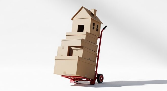 Moving House Concept - Cardboard Boxes Stacked on Hand Truck.
