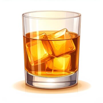 glass of whiskey with ice in vector illustration. vector illustration of a whiskey tumbler glass with ice cubes and amber bourbon liquor on a white background.