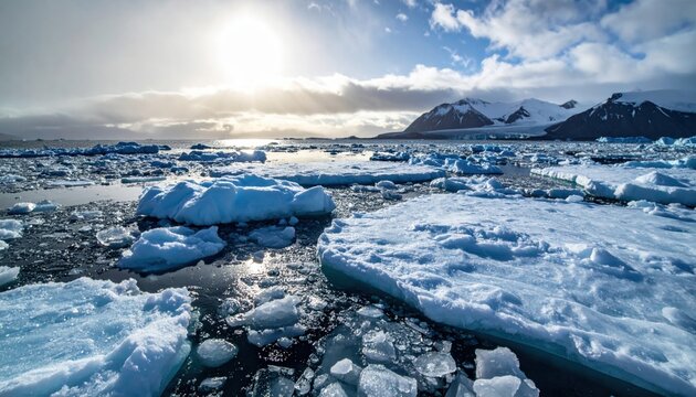Arctic ice floes drifting on calm ocean waters under a bright, cloudy sky with distant mountains