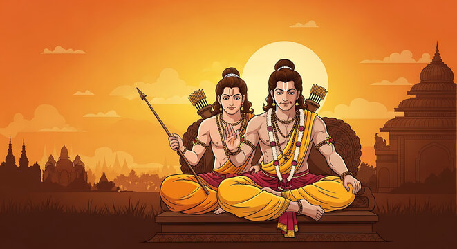 Hindu deities sitting in meditation outdoors at sunset.