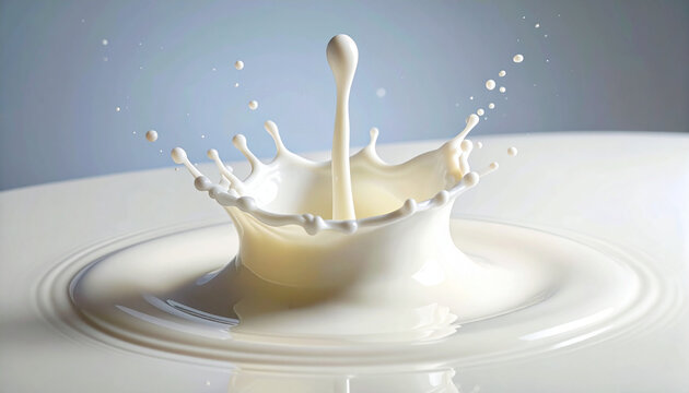 Milk splash macro close up isolated on blue with creative liquid crown