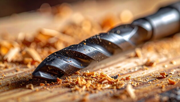 Close-up of a sharp metal drill bit resting amidst wood shavings