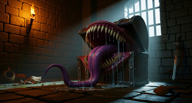 A menacing fantasy mimic monster, disguised as an ancient wooden treasure chest, ominously opens its mouth, revealing sharp, dripping teeth and a long, slimy purple tongue, ready to trap unwary