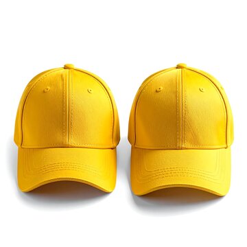Two vibrant, yellow baseball caps are displayed side by side. The caps have a classic design with curved visors and structured crowns, set against a clean white background
