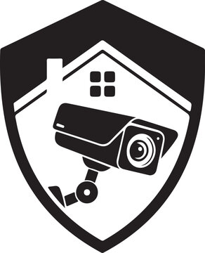 A secure home protection shield emblem with a security camera inside, representing modern surveillance and safety measures