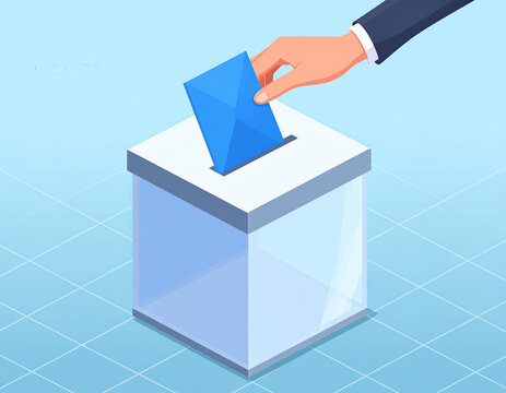 Isometric illustration of a hand placing a ballot into a voting box