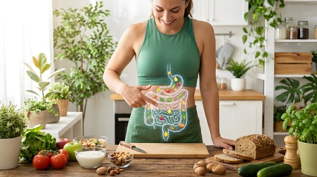 Fit woman pointing to graphic anatomy of her digestive system and gut tract surrounded by organic nutritious foods highlighting probiotic wellness, balanced diet, and intestinal health.