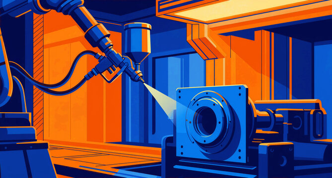 An advanced industrial robotic arm precisely sprays a protective coating onto a large, intricate machine part, showcasing modern automation, innovative manufacturing processes, and efficient