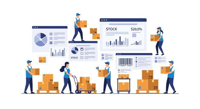 Several logistics workers in blue uniforms move cardboard boxes amidst floating digital dashboards displaying stock levels and warehouse data charts under bright office lights.