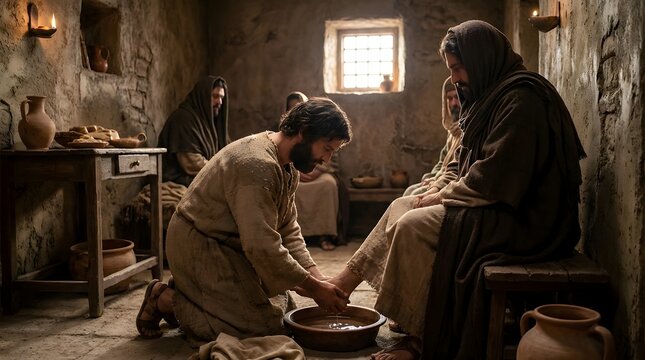 Jesus Christ performing humble act of washing feet for a devoted disciple, biblical sacred scene representing servant leadership, religious grace, and divine humility for holy church worship.