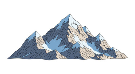 Fototapeta premium A majestic mountain range displays sharp angular peaks covered in pristine white snow and shaded with cool blue tones against a clean white background in clear air.
