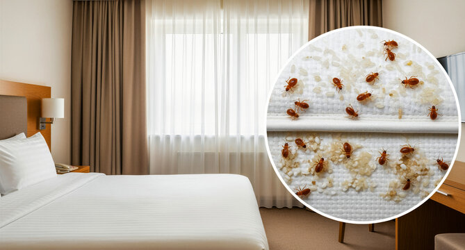 A disturbing close-up image reveals numerous reddish-brown bed bugs and their eggs infestation within a hotel room's bedding, illustrating a significant pest control challenge for accommodation