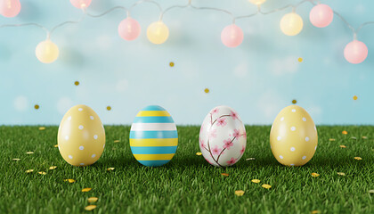 Fototapeta premium Easter eggs on grass under colorful lights festive and cheerful. Easter / Spring Holiday Celebration