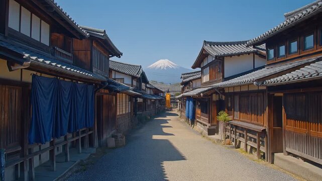 Traditional Japanese Village Street with Mount Fuji View Generative AI