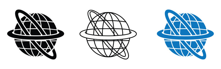 Line art vector globe icon set showing distinct black globe designs with tilted orbit ring, dense grid sphere, thick filled globe and varied stroke weight.  © Jannat