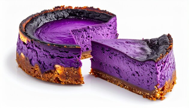 slice of baked purple sweet potato cheesecake on white background