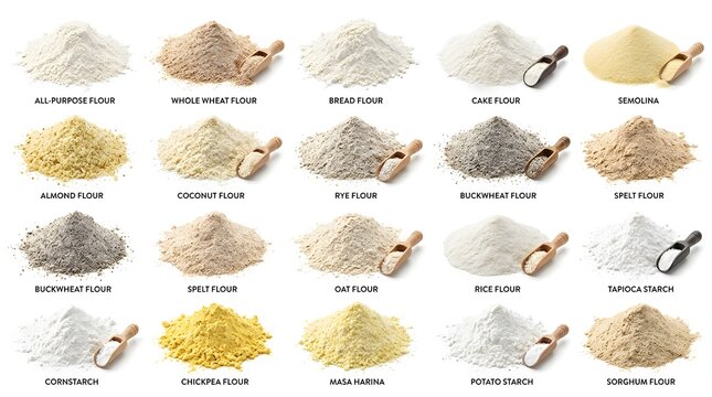 Assorted Flours in Piles with Wooden Scoops on White Background for Baking and Culinary Use