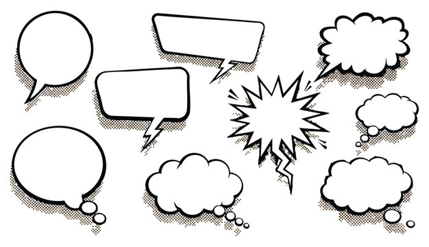 Retro empty comic speech bubbles set with black halftone shadows. Vintage design, pop art style - stock vector.
