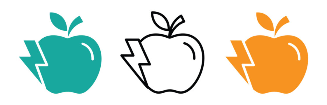 Comparison of  apple logo designs with and without filled elements.  Apple Logo With Lightning Bolt. Bite taken out colorful apple icons with lightning bolt Vector illustration