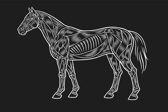 Anatomical Illustration of Horse Muscular System in Profile View, Detailed White Line Art on Black Background Showing Equine Muscle Structure, Tendons, and Anatomy for Veterinary Study and Biology
