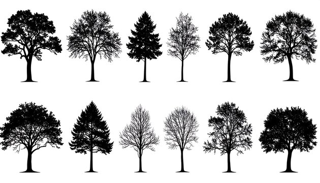 Silhouette collection showcasing various tree types, illustrating diverse shapes and foliage, on a stark white backdrop