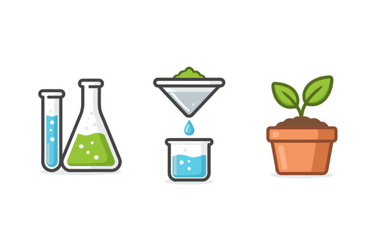 Set of biotechnology and science research icons featuring laboratory test tube, Erlenmeyer flask, funnel filtration process, and a young green plant in a pot. Flat vector illustration for lab.