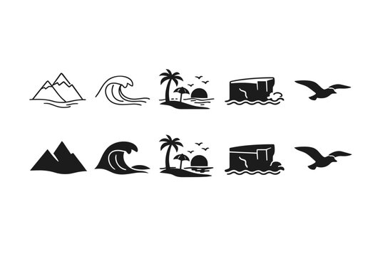 Minimalist seaside and coastal icon set featuring mountain, ocean wave, beach with palm tree and sunset, cliff, and seagull in line art and solid silhouette styles for travel and nature design.