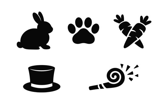 Black silhouette icon set for Easter and celebrations featuring a bunny rabbit, animal paw print, crossed carrots, magician top hat, and a party blower horn isolated on a white background.
