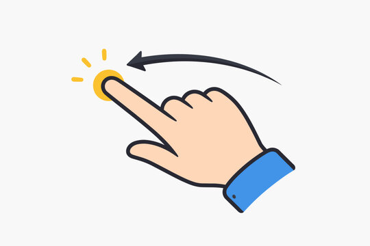 Swipe left hand gesture vector icon. Simple flat illustration of a finger touching a yellow point and sliding left with a curved arrow. UI UX design element for mobile apps and web interfaces.