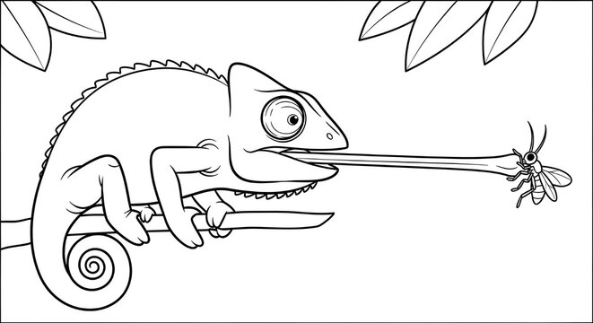 cartoon monkey catching spider with tail in black and white sketch style