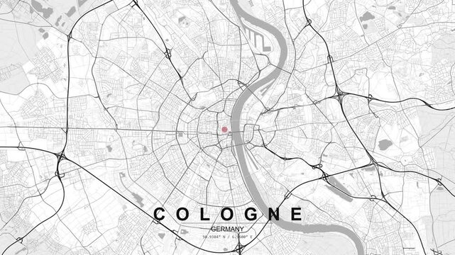 Map of Cologne, Germany, showing a large river curve, surrounding road network and a red location pin marking a central urban position.