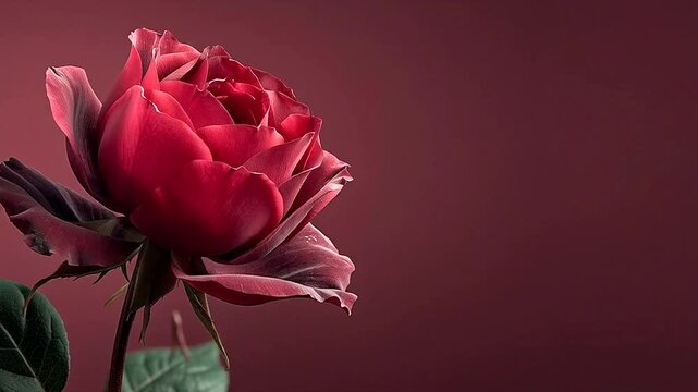 A single dark red rose blooming against a solid burgundy background.
