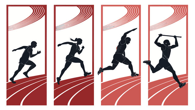 Athletes in motion on red running track with white lines and red curved lines background