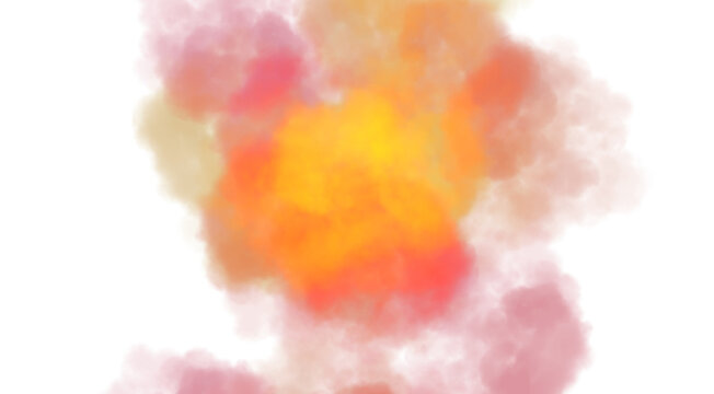 Colorful smoke and clouds explosion cutout on transparent background. Abstract watercolor paint stains. Clouds flow, smoke wave and vapours steam flow. PNG image.