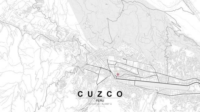 Urban map of Cuzco, Peru, surrounded by mountainous terrain, showing compact street layout and a red location pin marking the city center.
