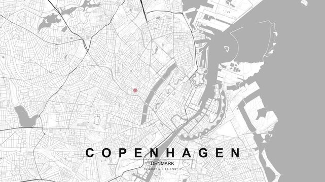 City map of Copenhagen, Denmark, featuring canal waterways, connected streets and a red location pin positioned within the urban center.