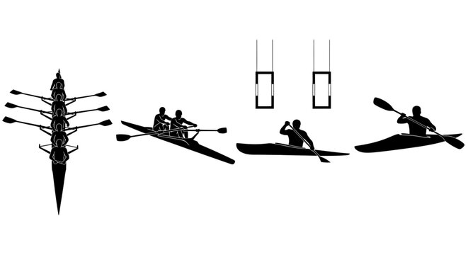 Kayaking and canoeing vector silhouettes with various paddling techniques and boat types on white background